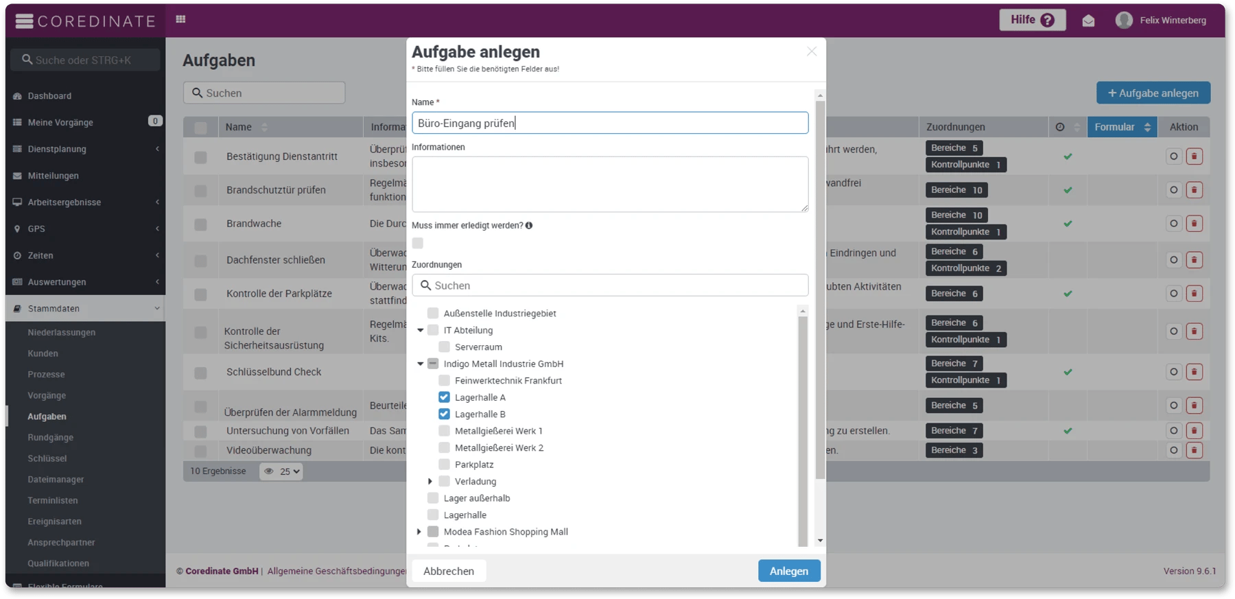 Aufgabe anlegen, Coredinate, Saas, Zuordnung