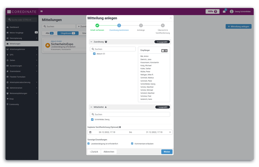 Mitteilungen, Zuordnung, Nachricht anlegen, OWKS, Kommunikation, Digitalisierung