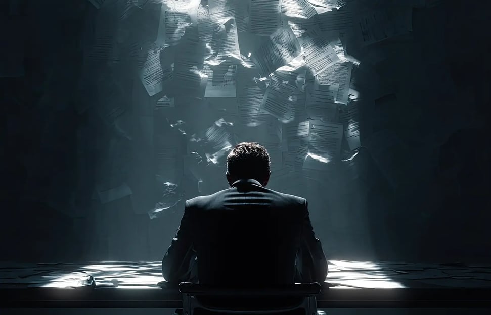 Overwhelmed office worker under a flurry of paperwork
