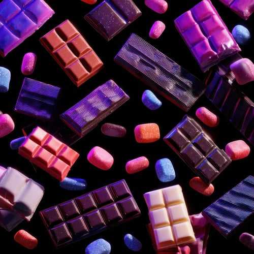 Verschiedene bunte Bonbons und Schokoladenriegel verstreut