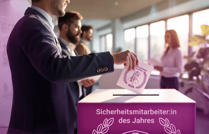 Une personne introduit dans une urne un bulletin de vote pour l'« Employé de sécurité de l'année 2025 ». D'autres personnes attendent à l'arrière-plan.