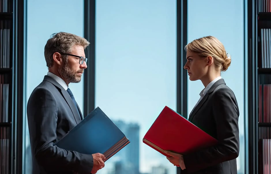 Zwei Geschäftsleute stehen sich mit Aktenmappen gegenüber und führen ein Gespräch vor einer Fensterfront mit Stadtblick – symbolisch für beruflichen Austausch oder Verhandlungen