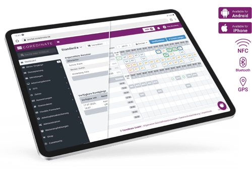 COREDINATE Portal Dashboard und Dienstplan auf einem Tablet