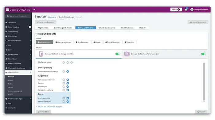 Time tracking, rights, GPS, roles, OWKS, Coredinate, time tracking