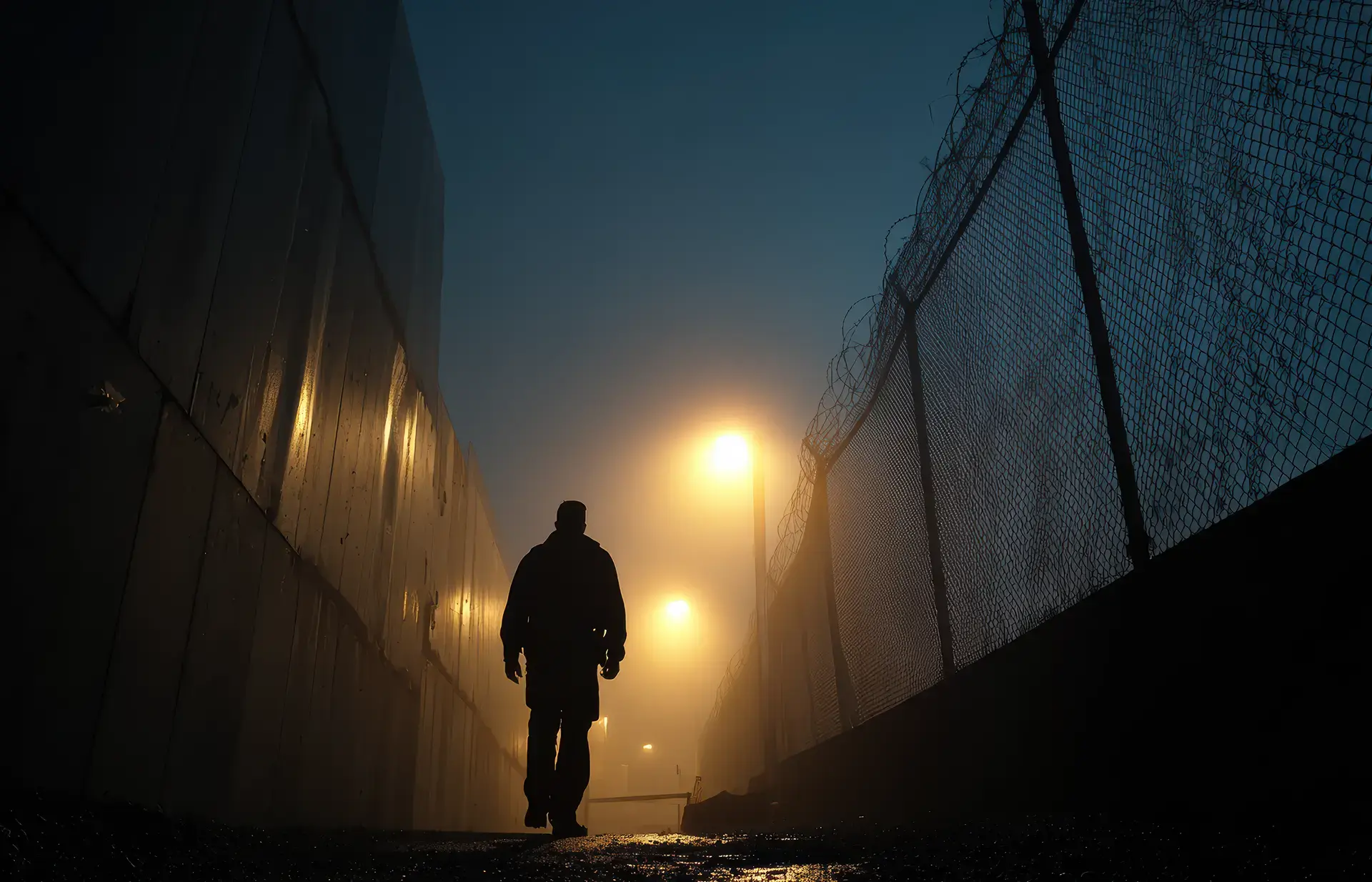 Sicherheitsmitarbeiter kontrolliert Korridor in der Dämmerung mit COREDINATE App