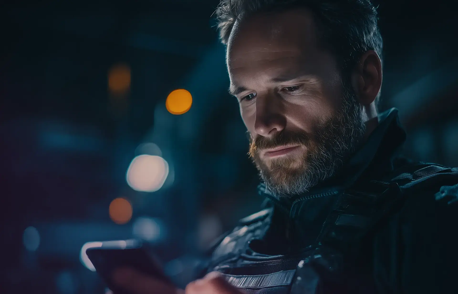 Sicherheitsmitarbeiter schaut auf sein Smartphone und nutzt die Besucherzähler-Funktion zur Erfassung von Besucherzahlen.